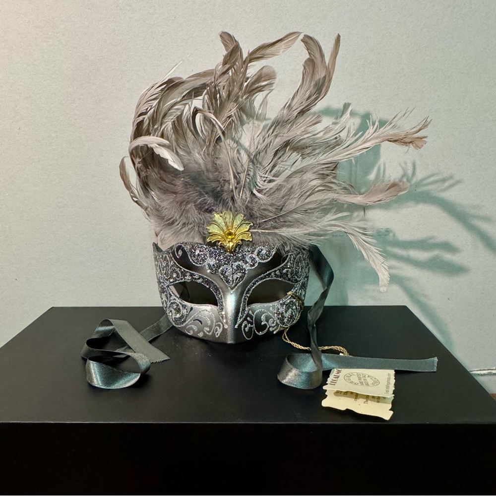 Italian Silver Masquerade Mask with Feathers